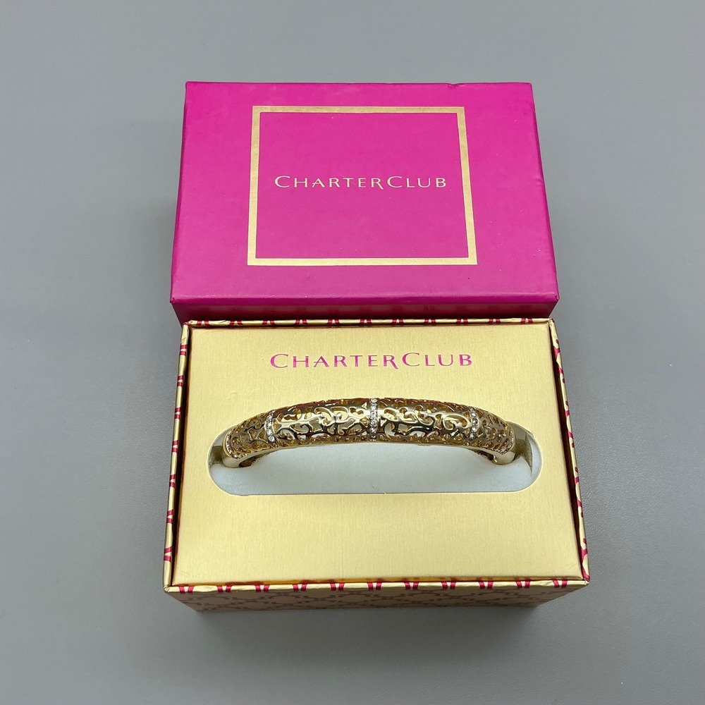 Charter Club Bangle Bracelet Womens Gold Filigree Rhinestone Hinge Jewelry Box